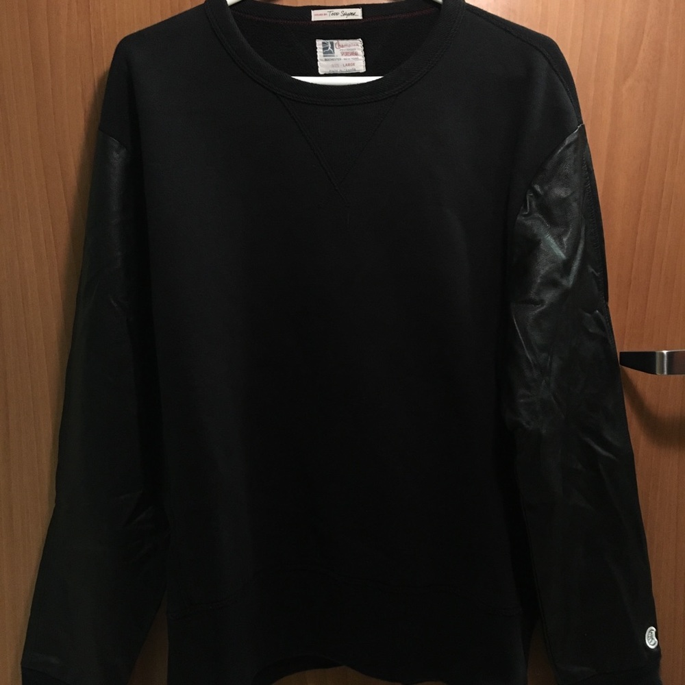 Black Crewneck Sweatshirt with Pleather Sleeves